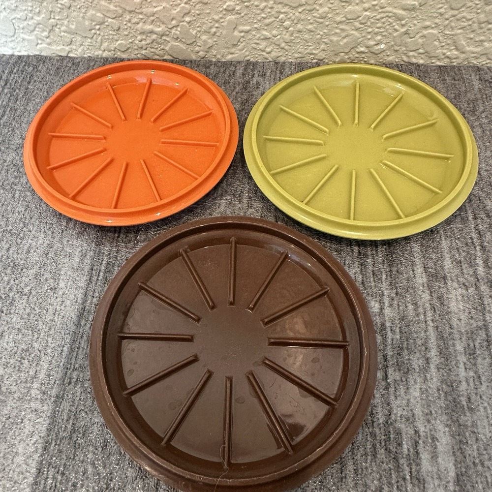 Tupperware Vintage Coffee Cup Mug Lids / Coaster Lot 3 #1313 Green Orange Brown
